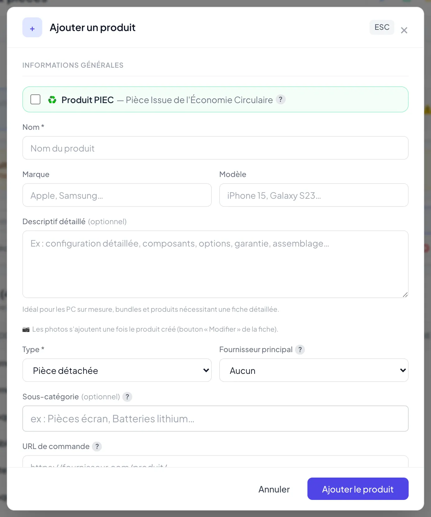 Formulaire « Ajouter un produit » avec les blocs Informations générales, Stock & localisation et Prix