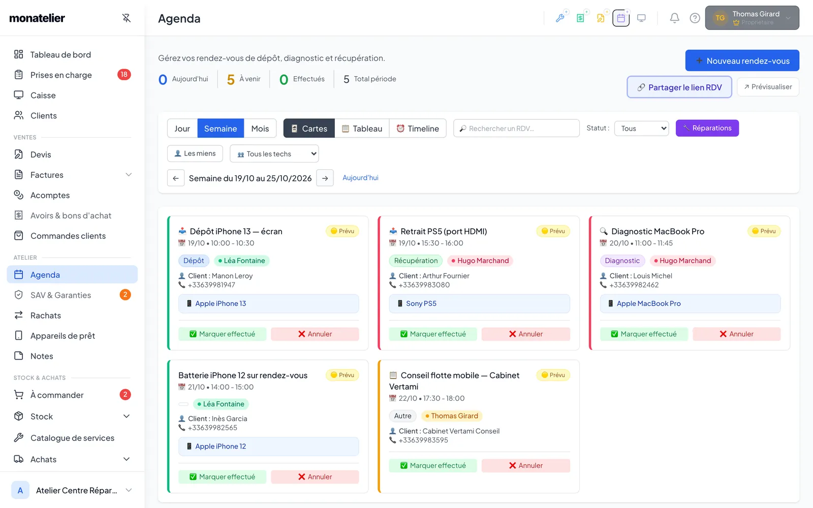 Agenda en vue Semaine avec réparations planifiées et rendez-vous clients
