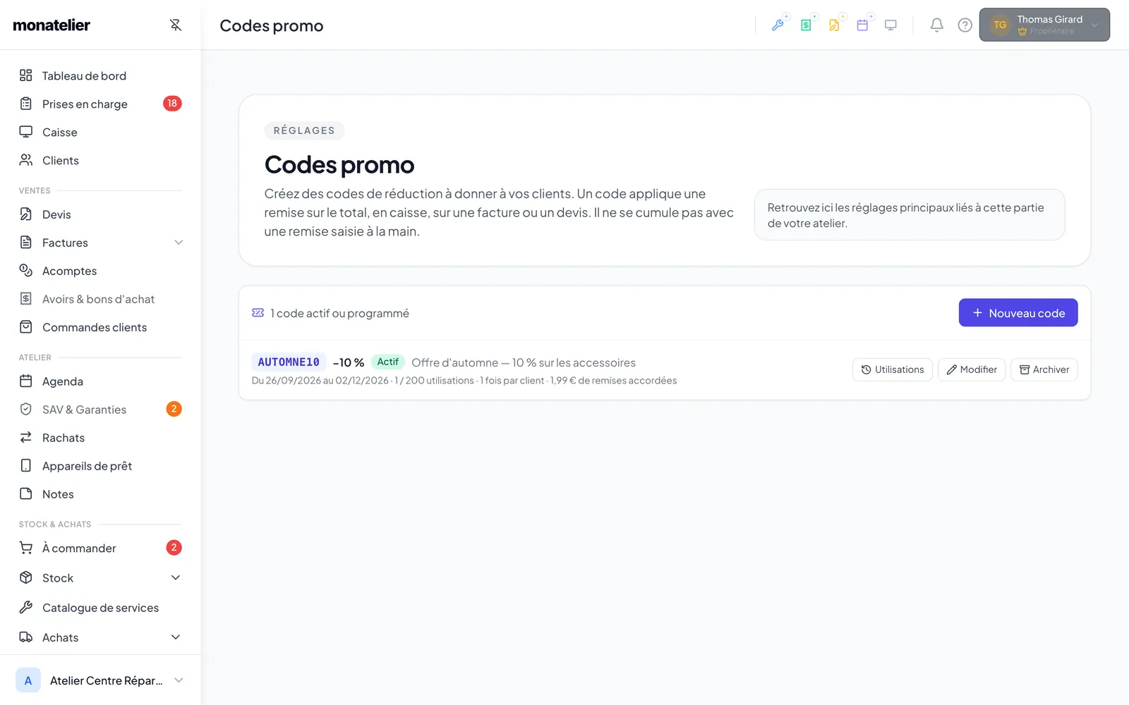 Page « Codes promo » : un code actif avec sa remise, sa période et ses utilisations