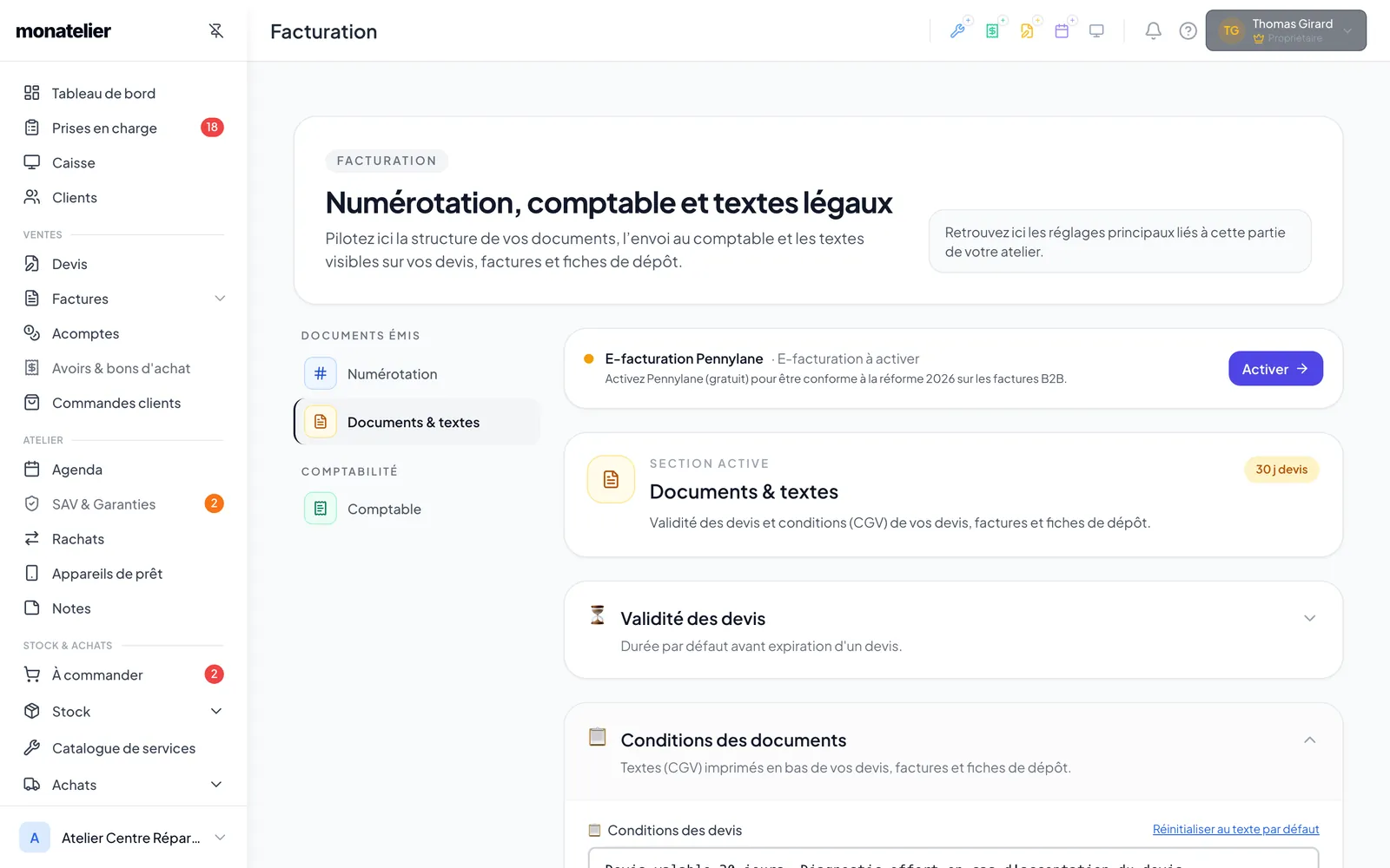 Zones de texte « Conditions des devis », « Conditions des factures » et « Conditions des fiches de prise en charge »