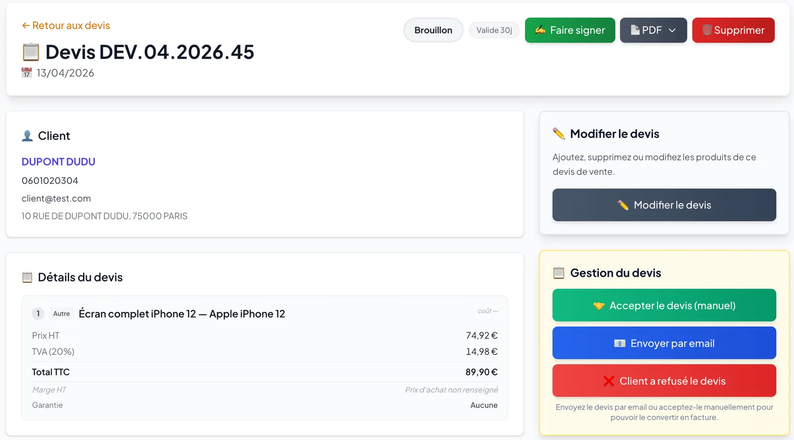 Conversion d'un devis en facture en un clic dans Mon Atelier - logiciel réparation téléphone