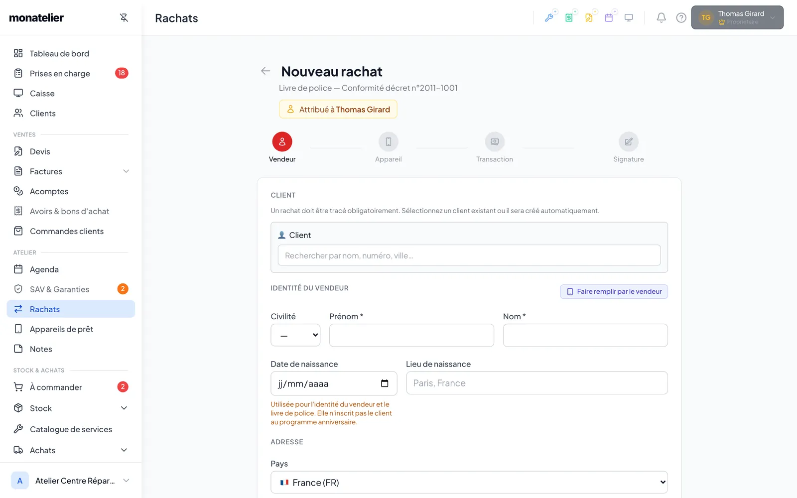 Formulaire de rachat : identité du vendeur, adresse et pièce d'identité