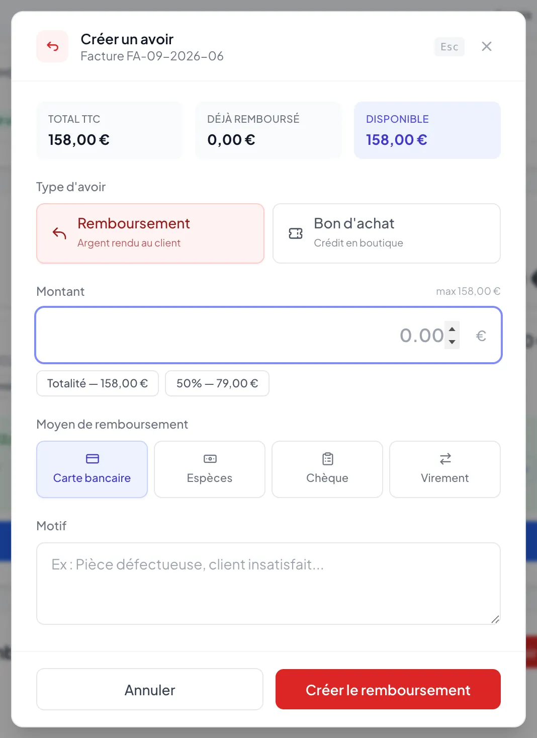 Fenêtre Créer un avoir : type Remboursement ou Bon d'achat, montant, moyen de remboursement, motif
