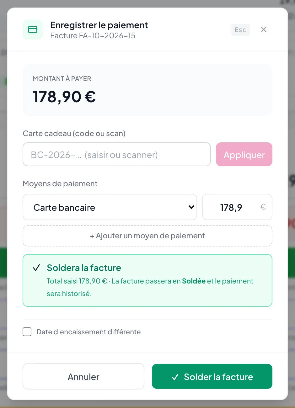 Fenêtre Enregistrer le paiement avec bons d'achat disponibles et moyens de paiement