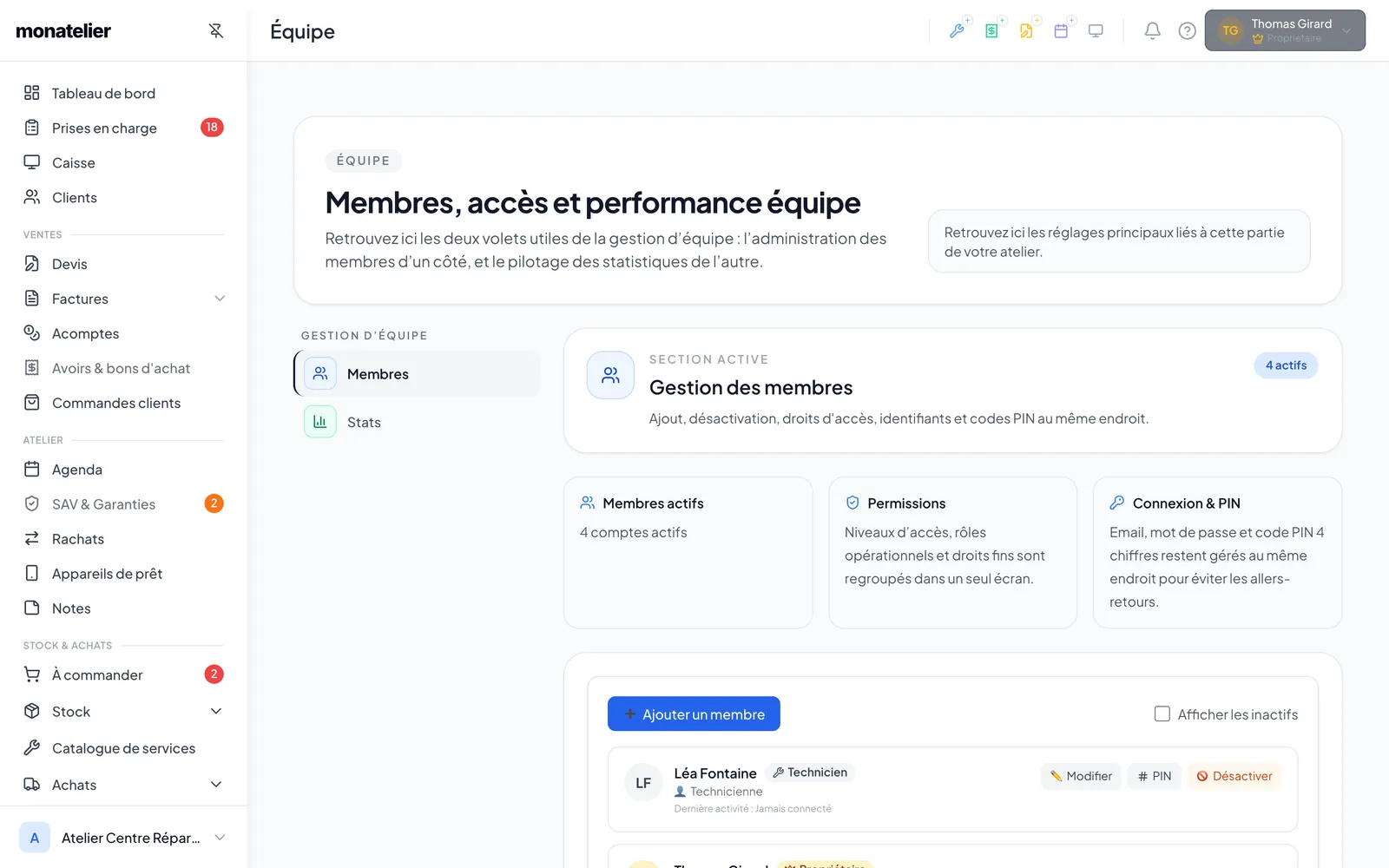 Paramètres → Équipe : membres actifs, permissions, connexion et PIN