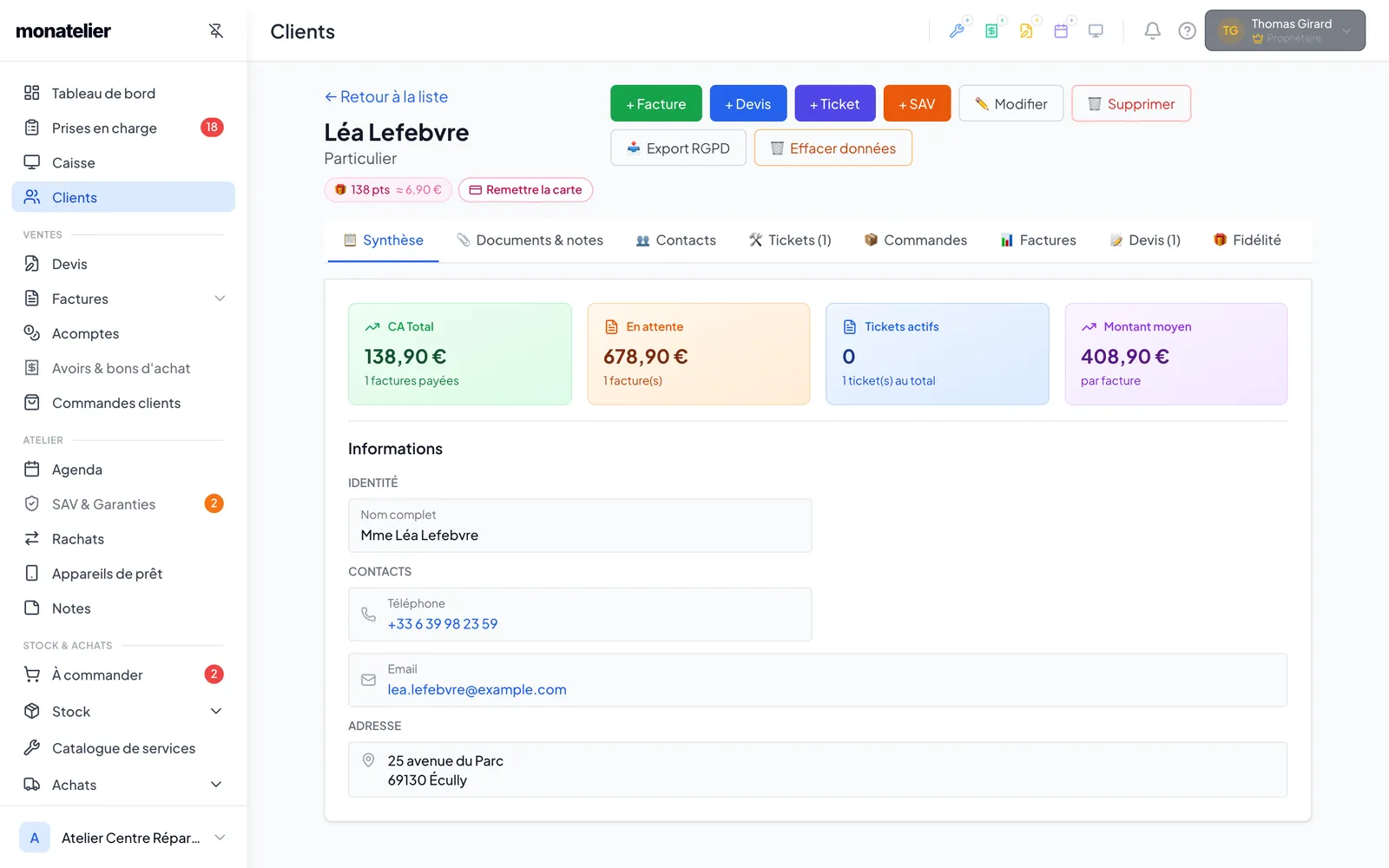 Fiche client : actions rapides, onglets et synthèse (CA, en attente, tickets, montant moyen)