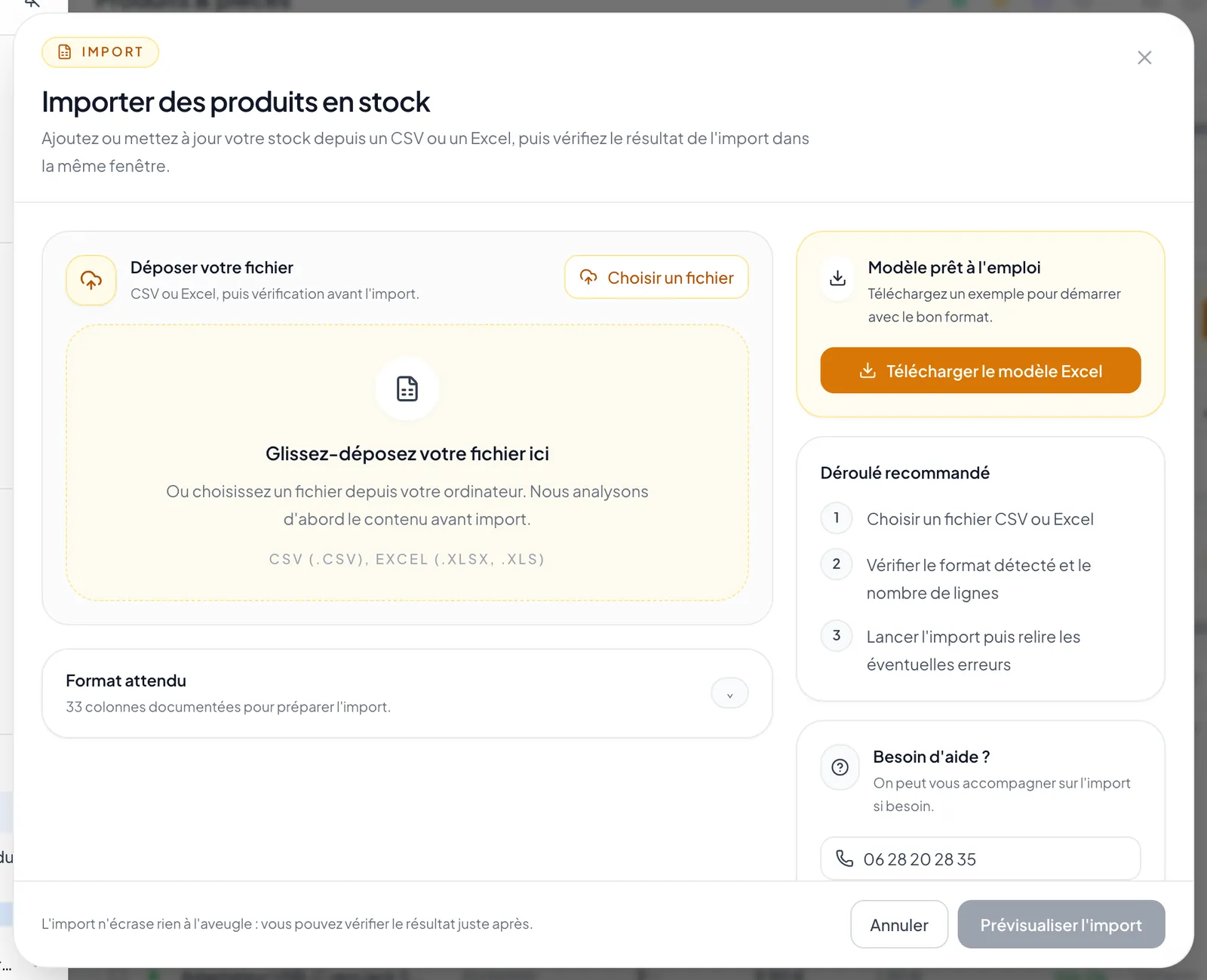 Fenêtre « Importer des produits en stock » avec la zone de dépôt et le modèle Excel
