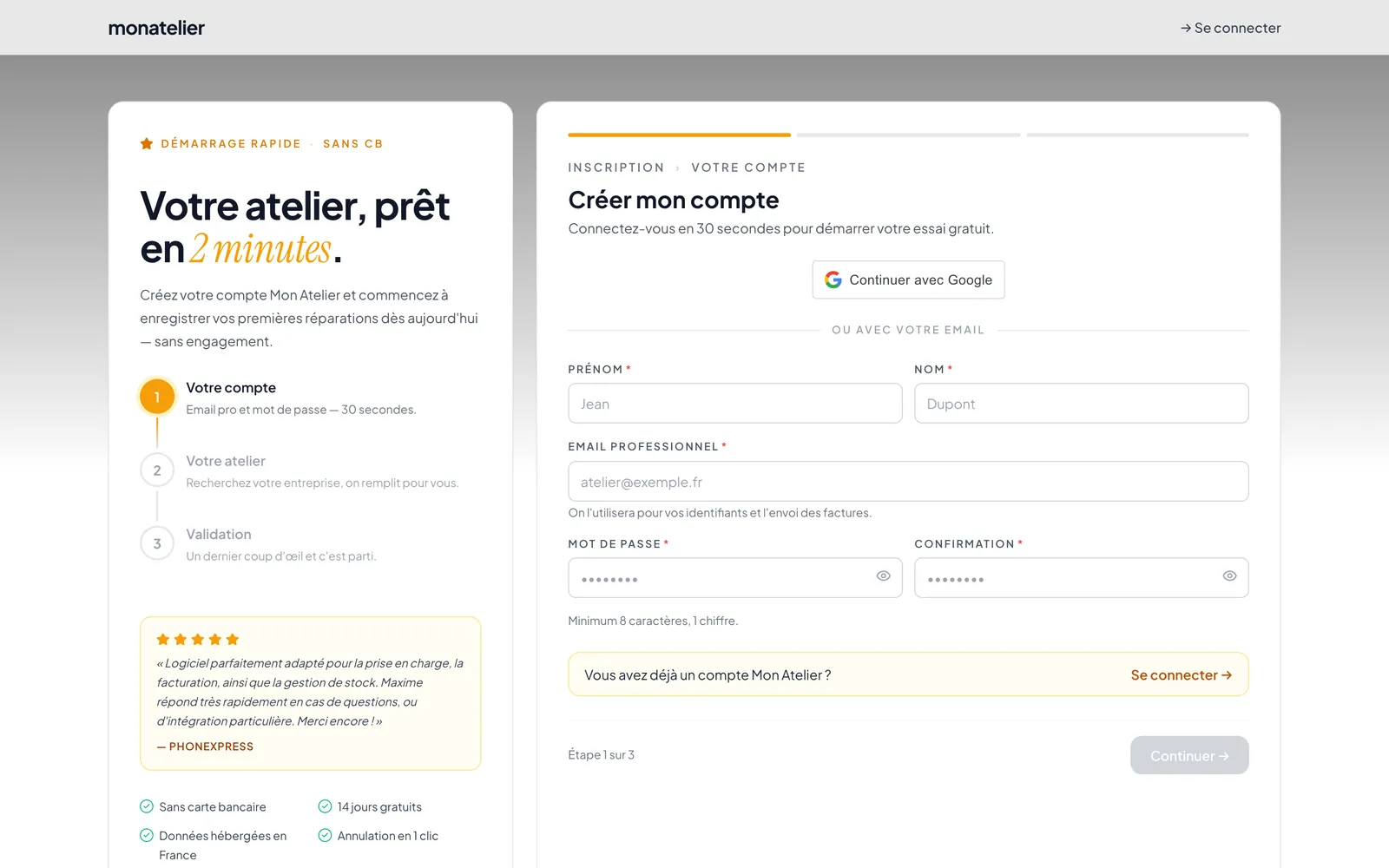 Première étape de l’inscription : « Créer mon compte », avec le bouton Google et le formulaire