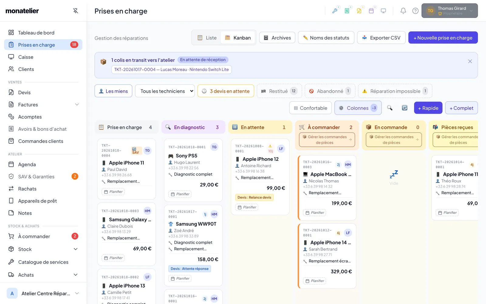 Vue Kanban des prises en charge, une colonne par statut