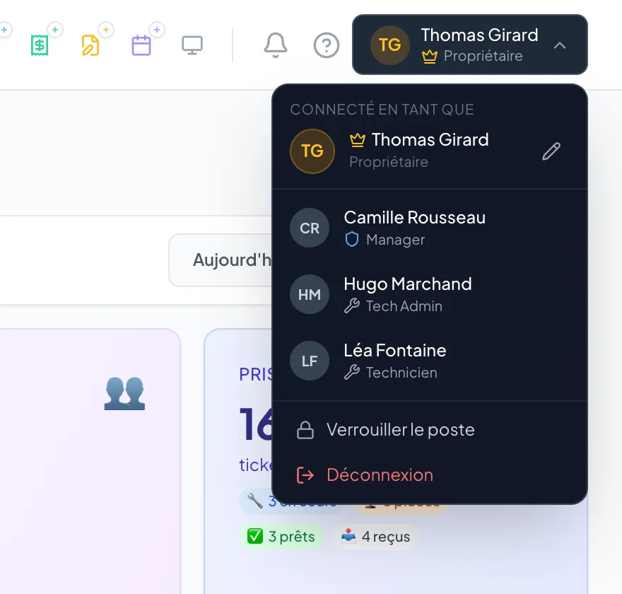 Menu du compte ouvert en haut à droite : « Connecté en tant que », la liste des membres et « Déconnexion »
