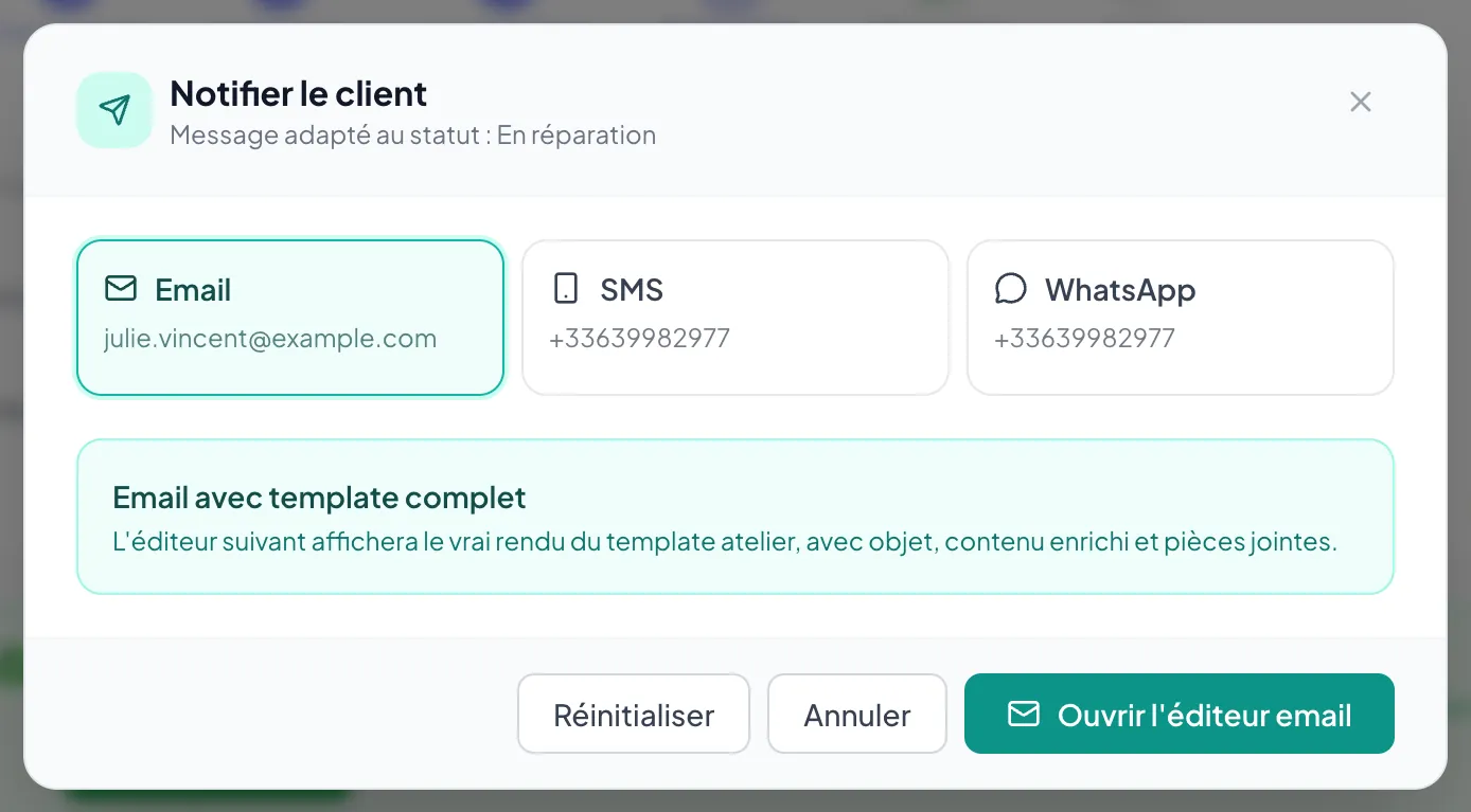 Fenêtre Notifier le client avec le choix Email, SMS ou WhatsApp