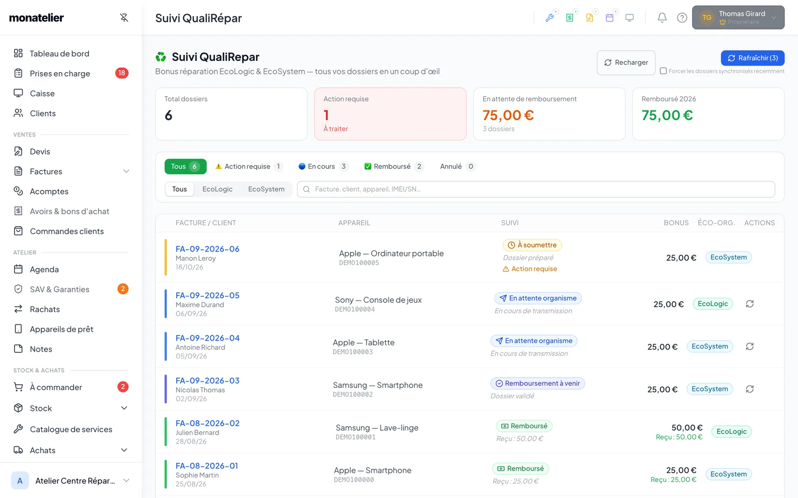 Page « Suivi QualiRépar » : compteurs, filtres par statut et liste des dossiers EcoSystem et EcoLogic