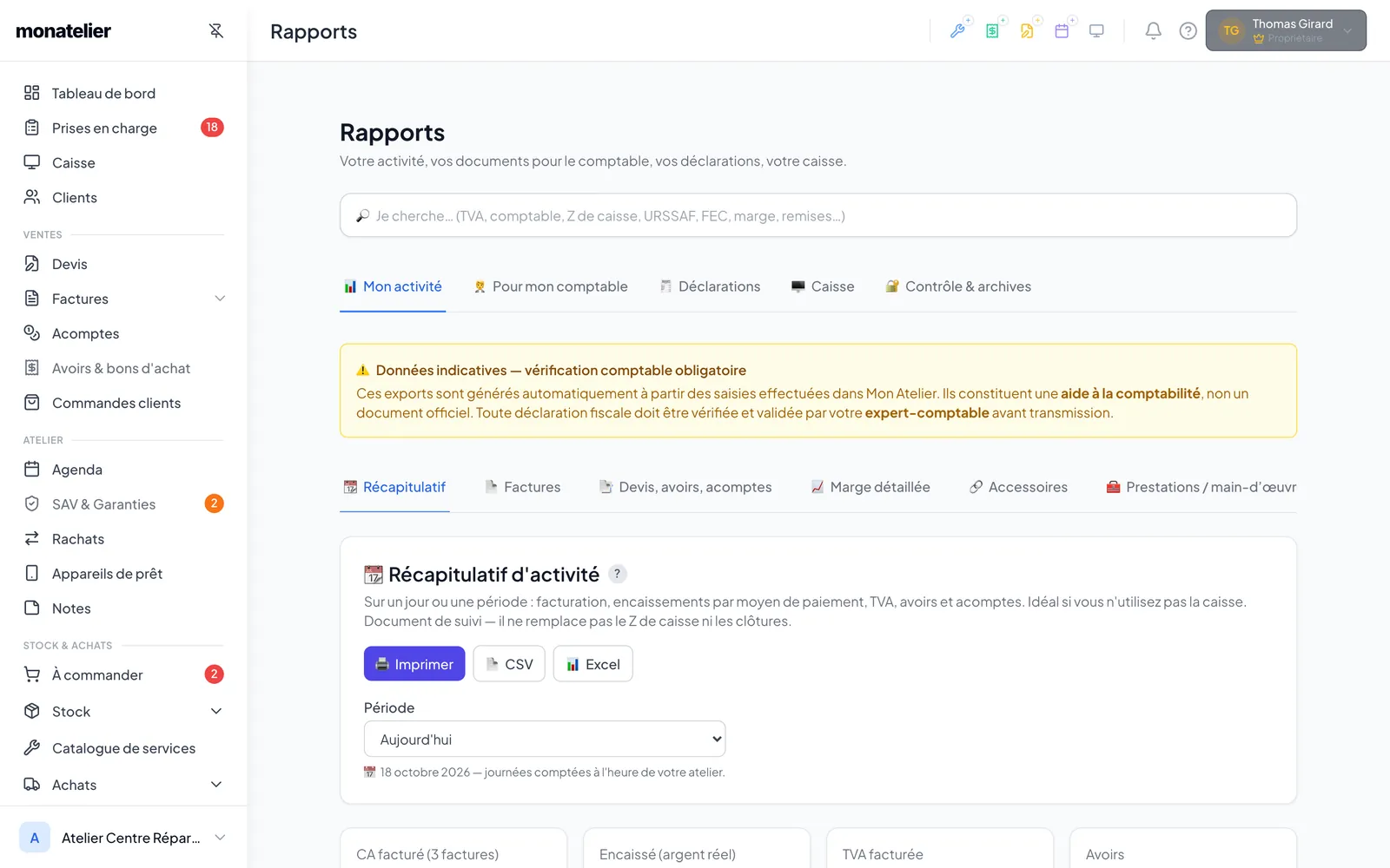 Page Rapports : recherche et onglets Mon activité, Pour mon comptable, Déclarations, Caisse, Contrôle & archives