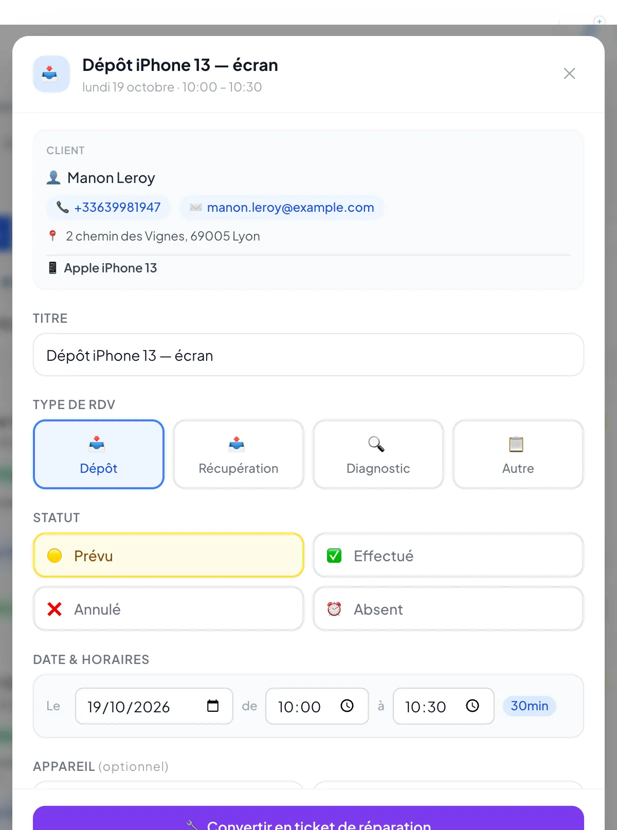 Fiche d’un rendez-vous avec le bouton Convertir en ticket de réparation