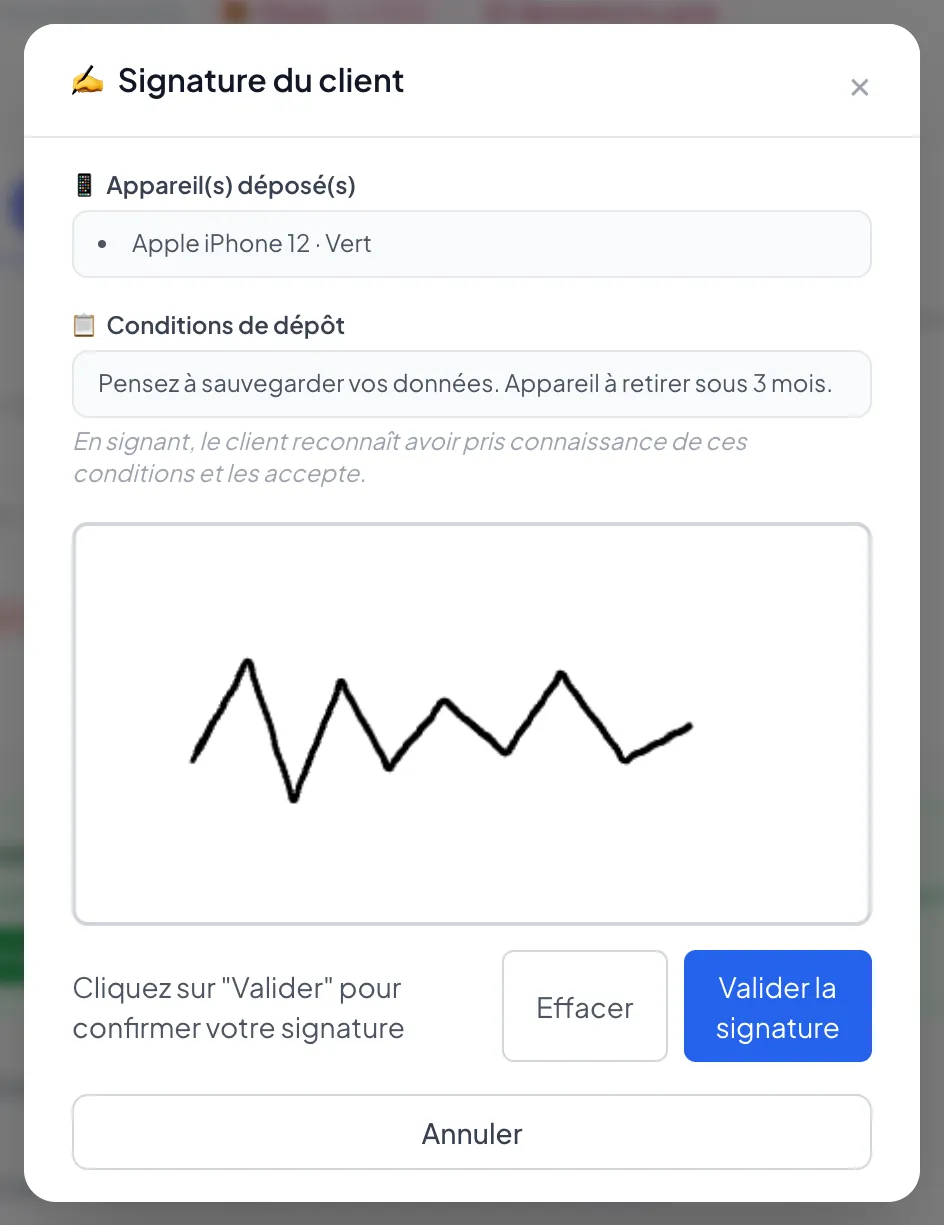 Fenêtre de signature du client avec les conditions de dépôt