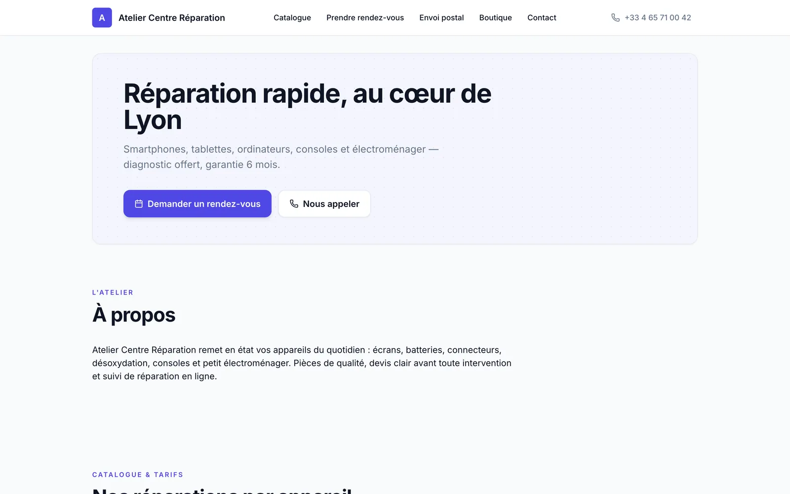 Le site public de l’atelier : accroche, bouton de rendez-vous, présentation et catalogue