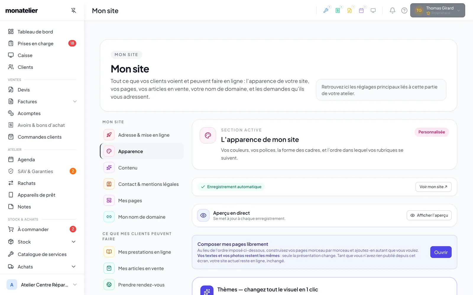 Paramètres → Mon site : rubriques du site à gauche, réglage actif à droite