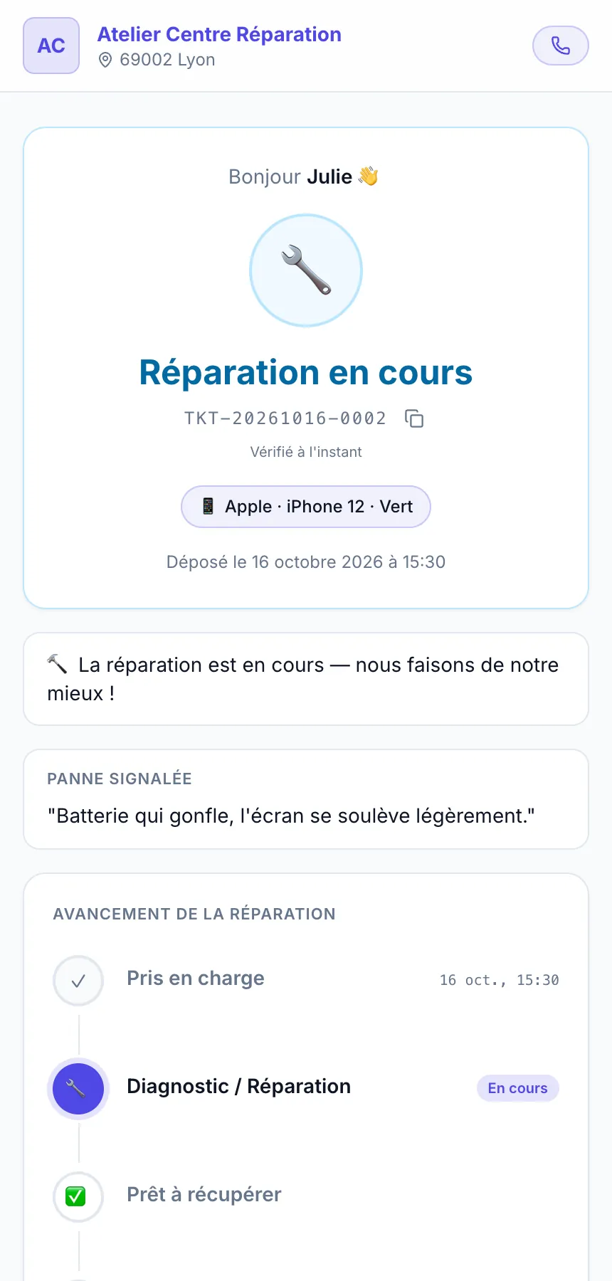 Page de suivi de réparation vue par le client sur son mobile