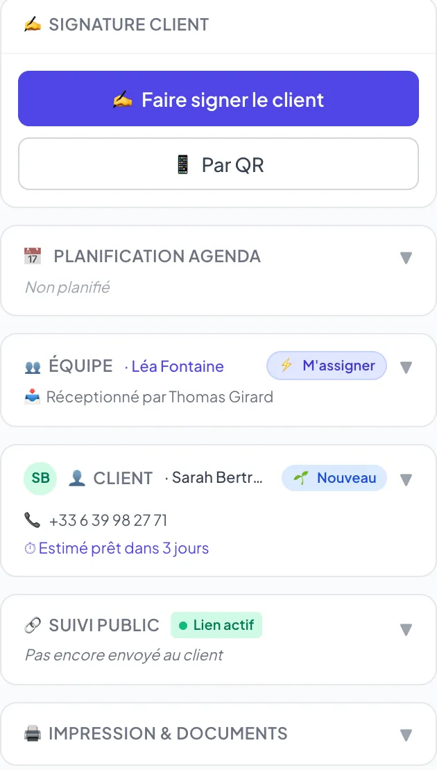 Carte Équipe d'une prise en charge : technicien assigné, bouton M'assigner et Réceptionné par
