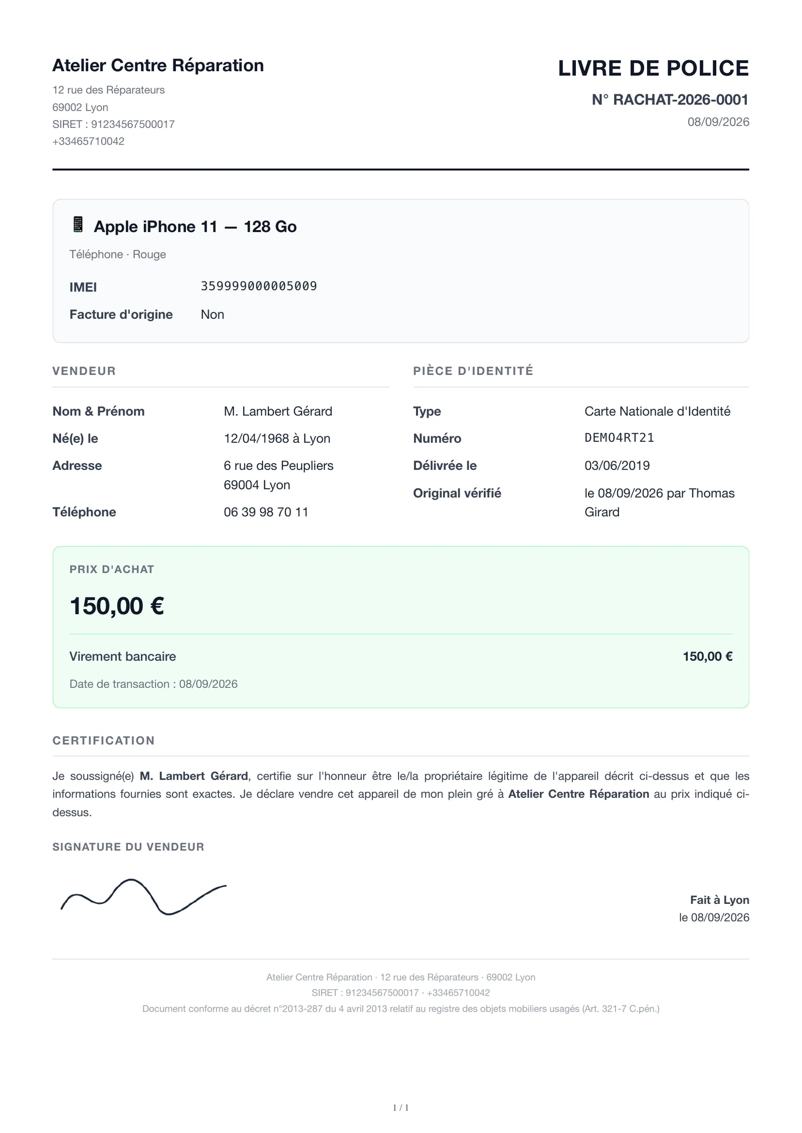 Livre de police d'un rachat de téléphone : identité du vendeur, appareil, IMEI et prix (article 321-7 du Code pénal)
