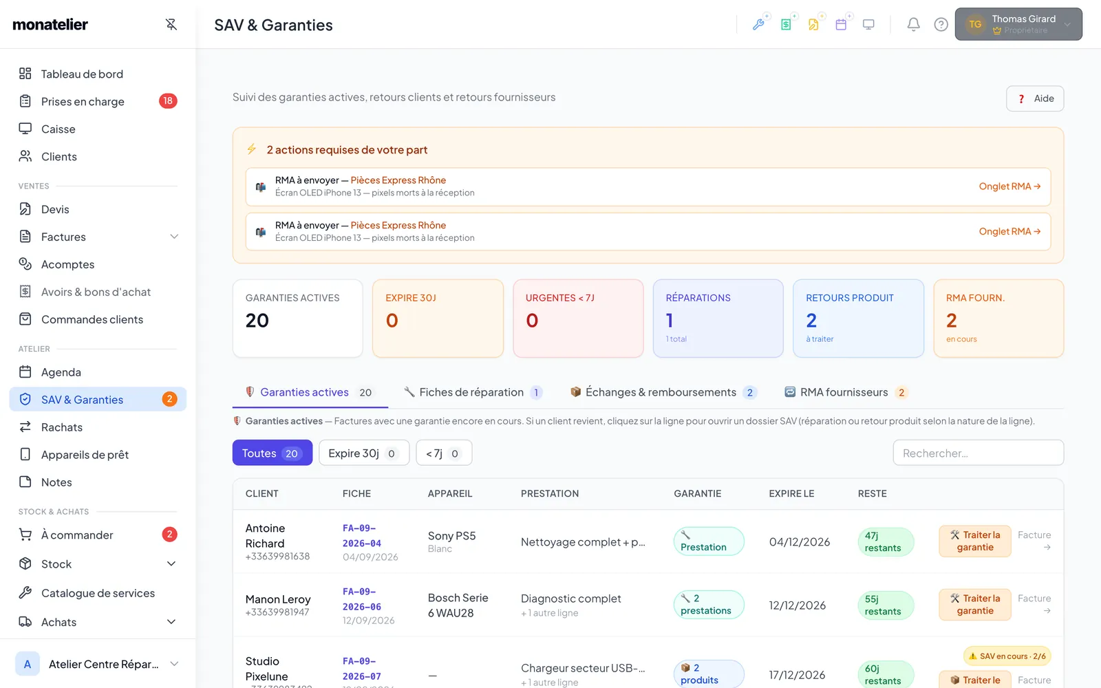 Page SAV & Garanties : compteurs, onglets et liste des garanties actives