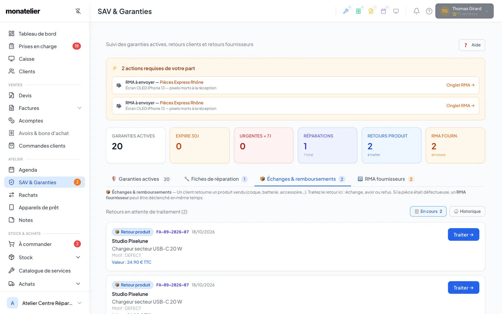 Onglet « Échanges & remboursements » : retours produit en attente de traitement, bouton Traiter
