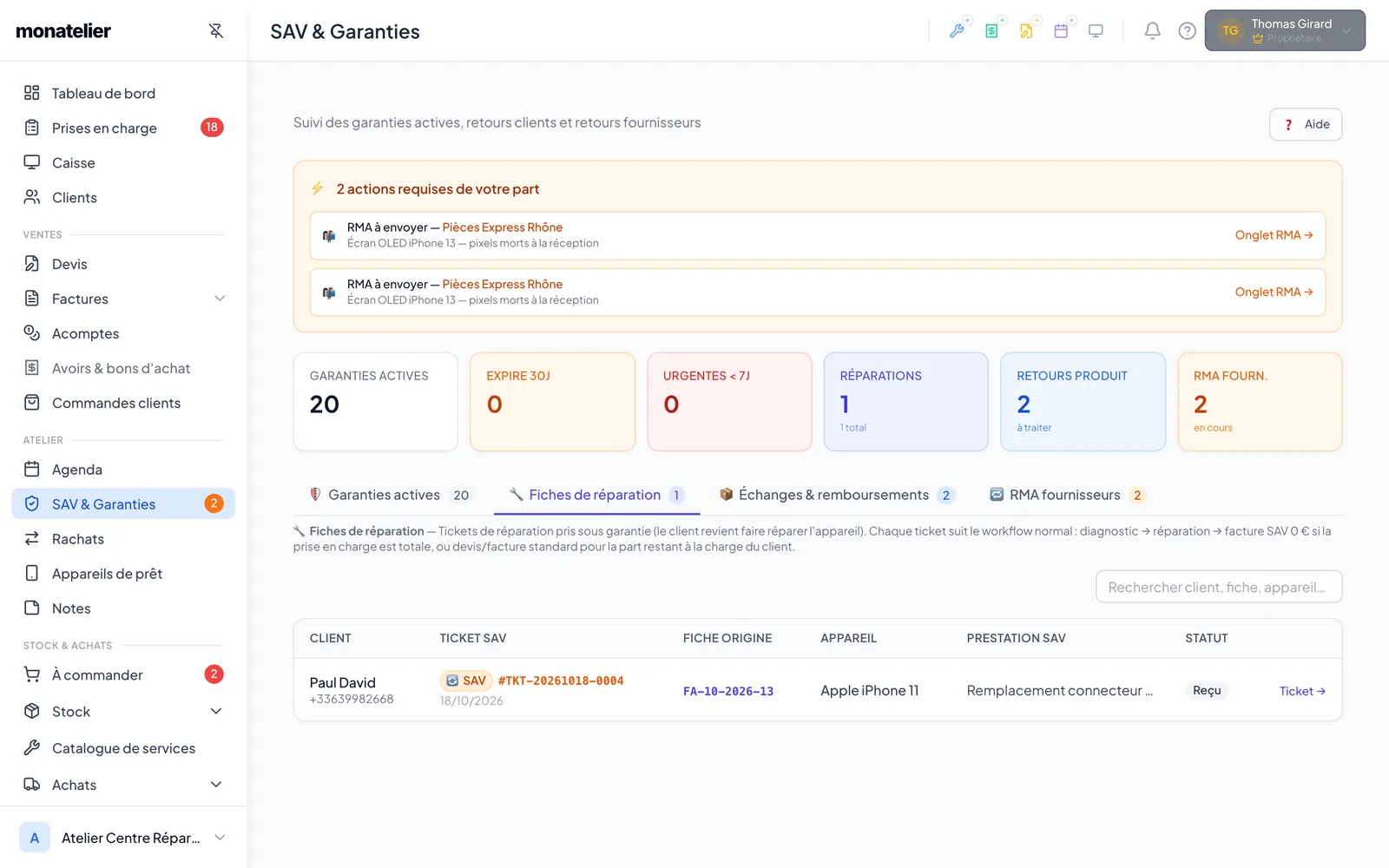 Ticket SAV — prise en charge retour sous garantie réparation