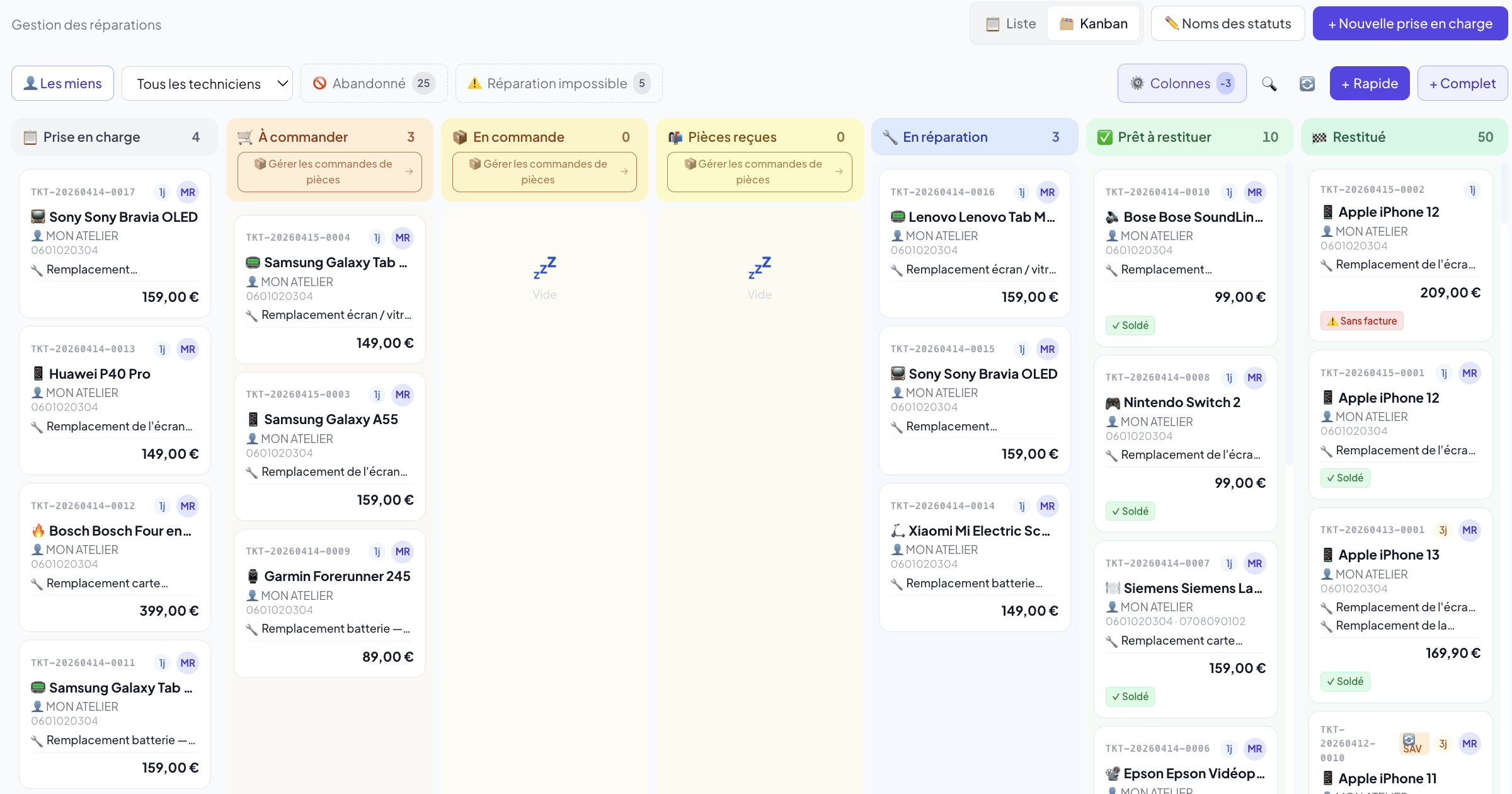 Vue kanban du suivi des réparations dans Mon Atelier — statuts Reçu, En cours, Prêt, Remis