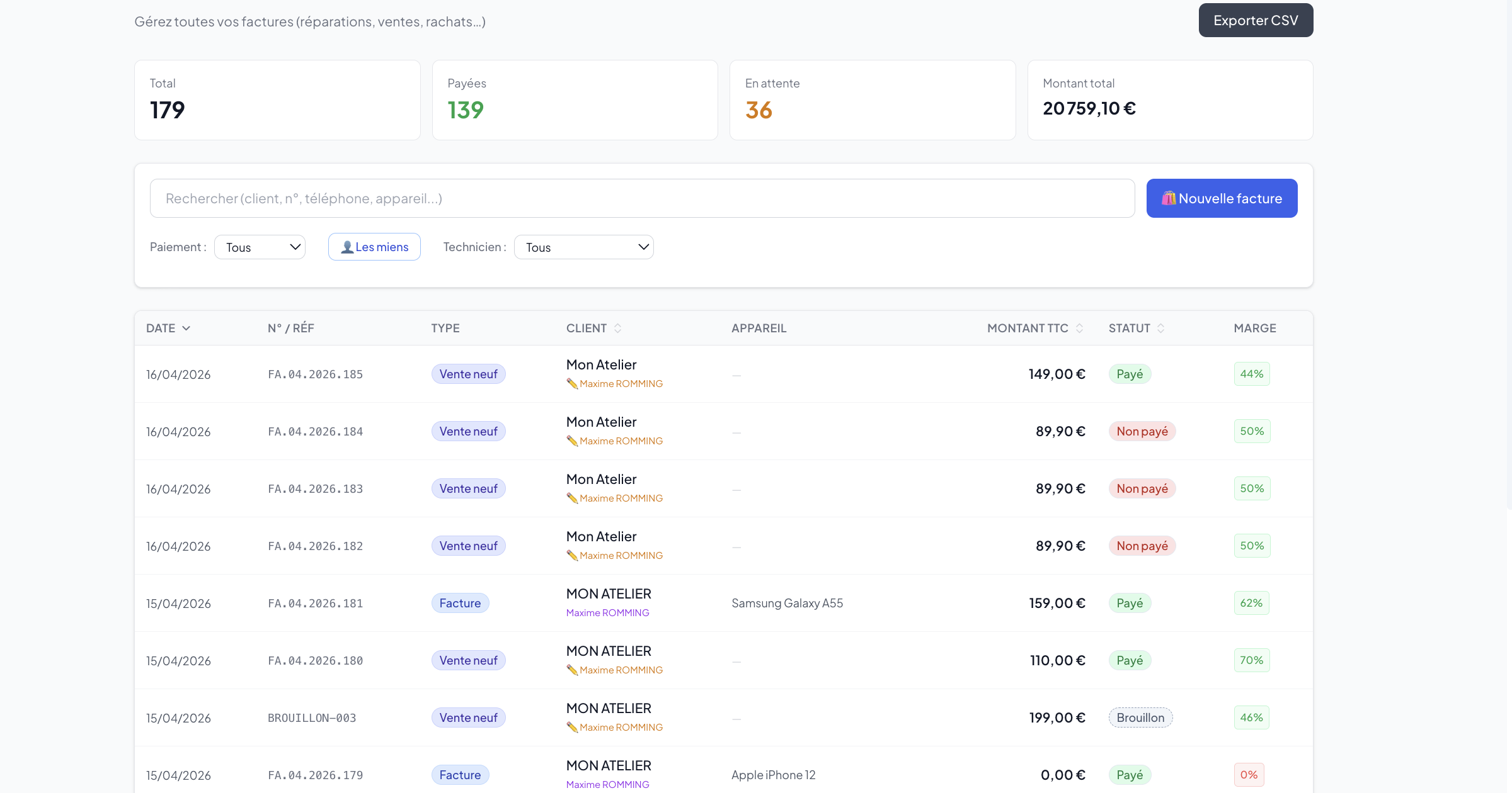 Liste des factures NF525 dans Mon Atelier — suivi des paiements et export comptable pour réparateur téléphone