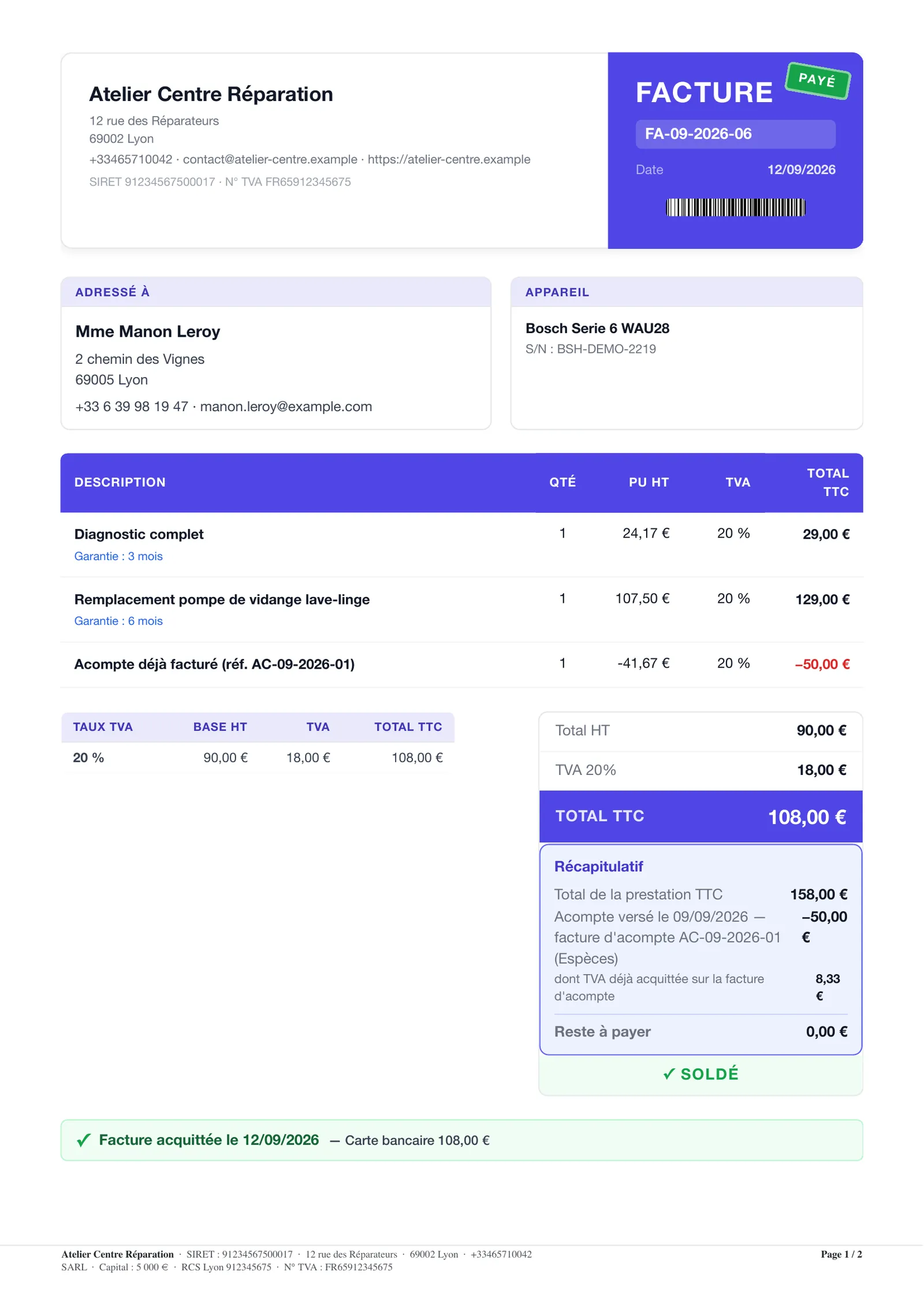 Facture boutique multi-activités logiciel réparation téléphone — réparation, vente et rachat en une transaction
