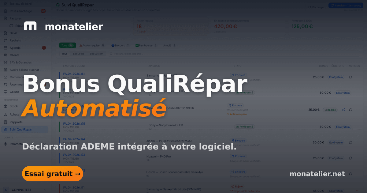 Logiciel QualiRépar Mon Atelier — bonus réparation appliqué sur la facture, ecosystem et ecologic intégrés