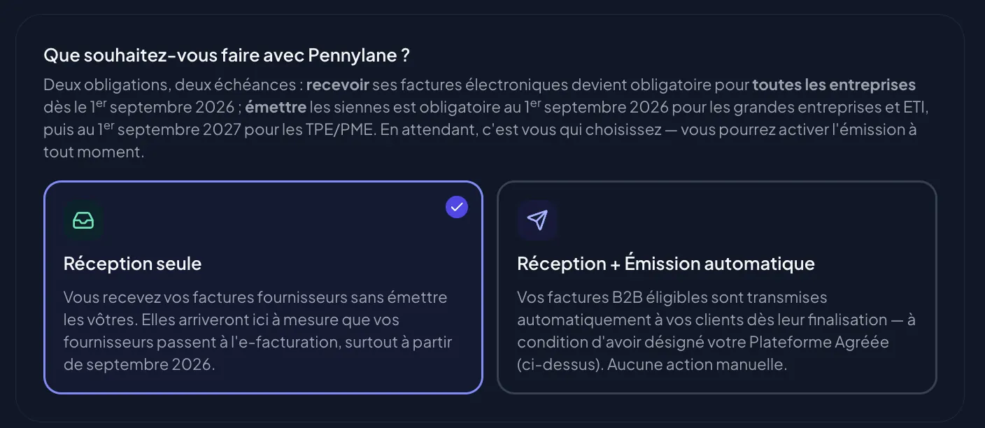 Réglages E-facturation de Mon Atelier : choix entre réception seule et réception avec émission automatique